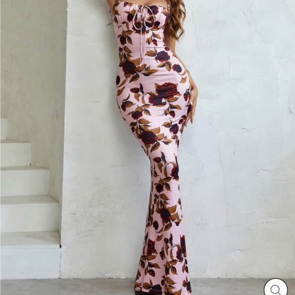 Elegant Tie Strap Floral Dress in Pink and Brown